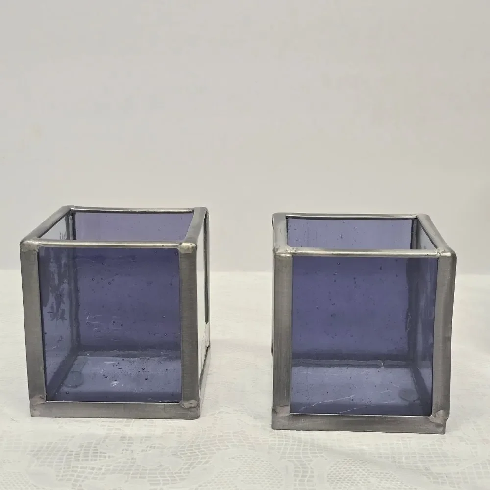 Vintage Pressed Dried Flower Stained Glass Tealight Votive Candle Holders Set